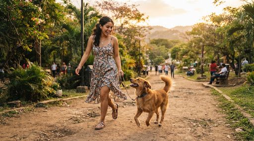 Joven sonriendo feliz junto a su perrito rescatado adoptado paseando al aire libre