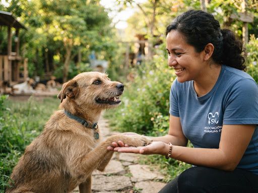 Voluntaria en El Salvador sosteniendo con ternura la patita de un perrito mestizo rescatado