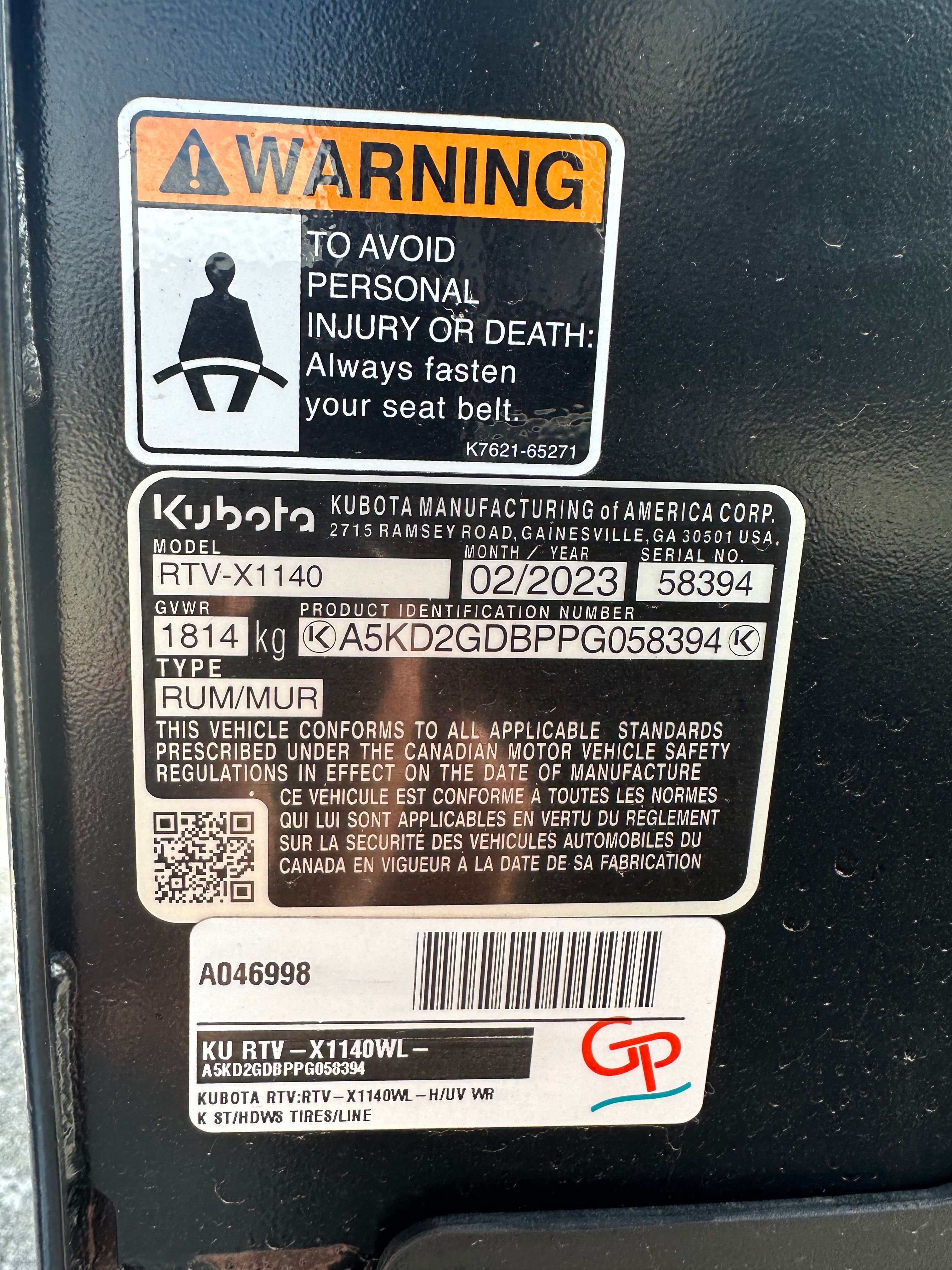 2023 KUBOTA RTV-X1140 Photo 7 Thumbnail