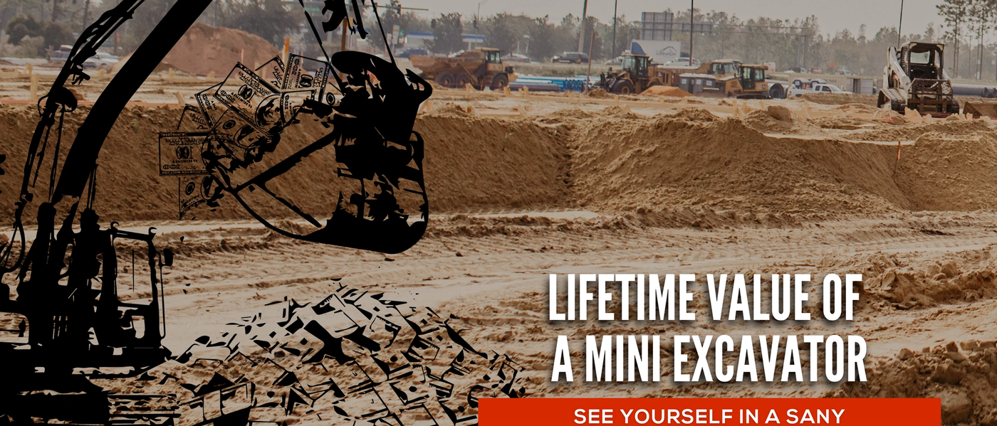 Excavator digging into a pile of cash