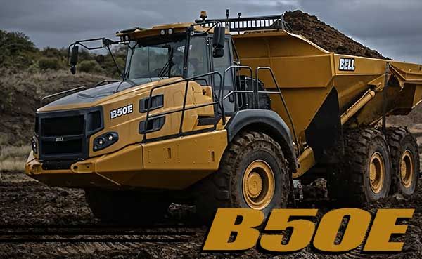 bell b50e truck on job site working, hauling dirt.