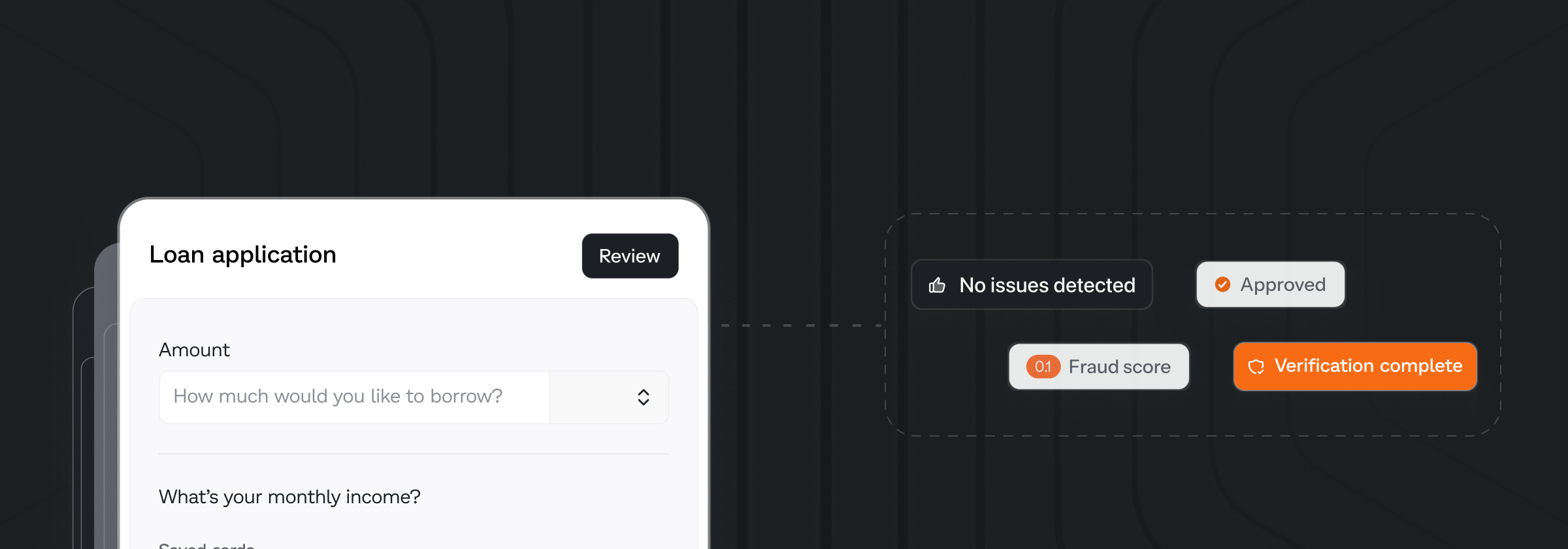 Media asset showing a dummy loan application and buttons on the side displaying words and phrases: "No issues detected", "Approved", "Fraud score", "Verification complete"