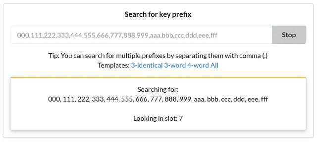 Example prefix search for keys starting with a repeated hex number