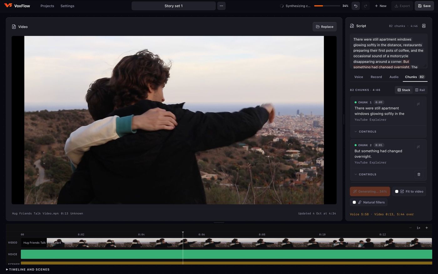 VoxFlow editor: video, script and the voice timeline