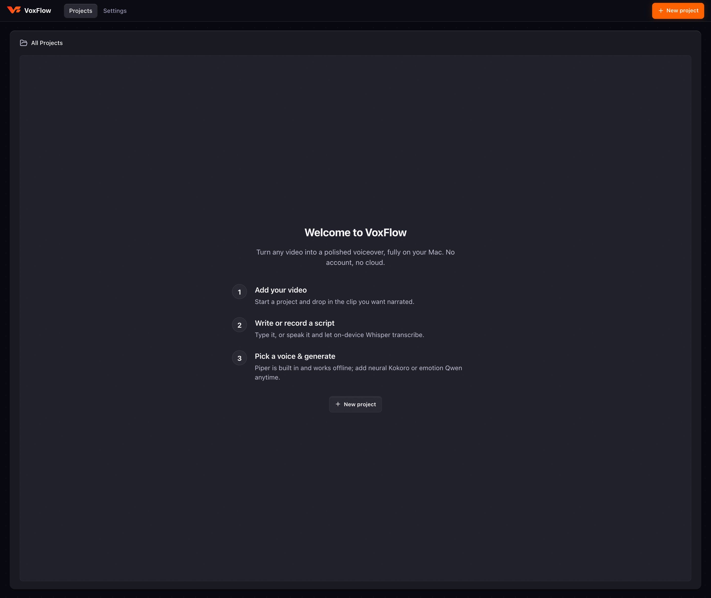 VoxFlow welcome screen