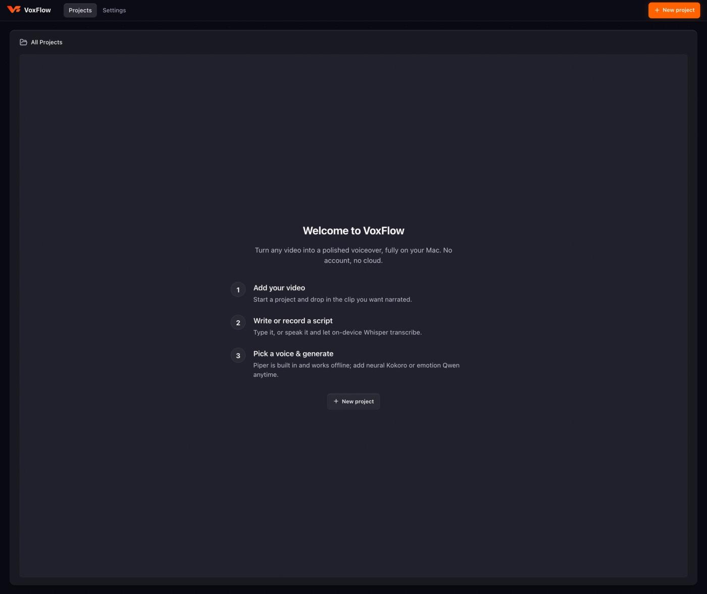 VoxFlow welcome screen