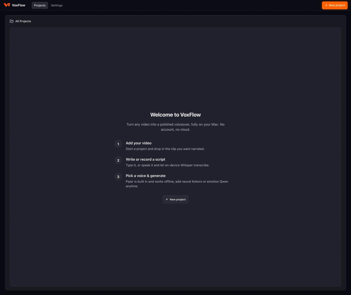 VoxFlow welcome screen