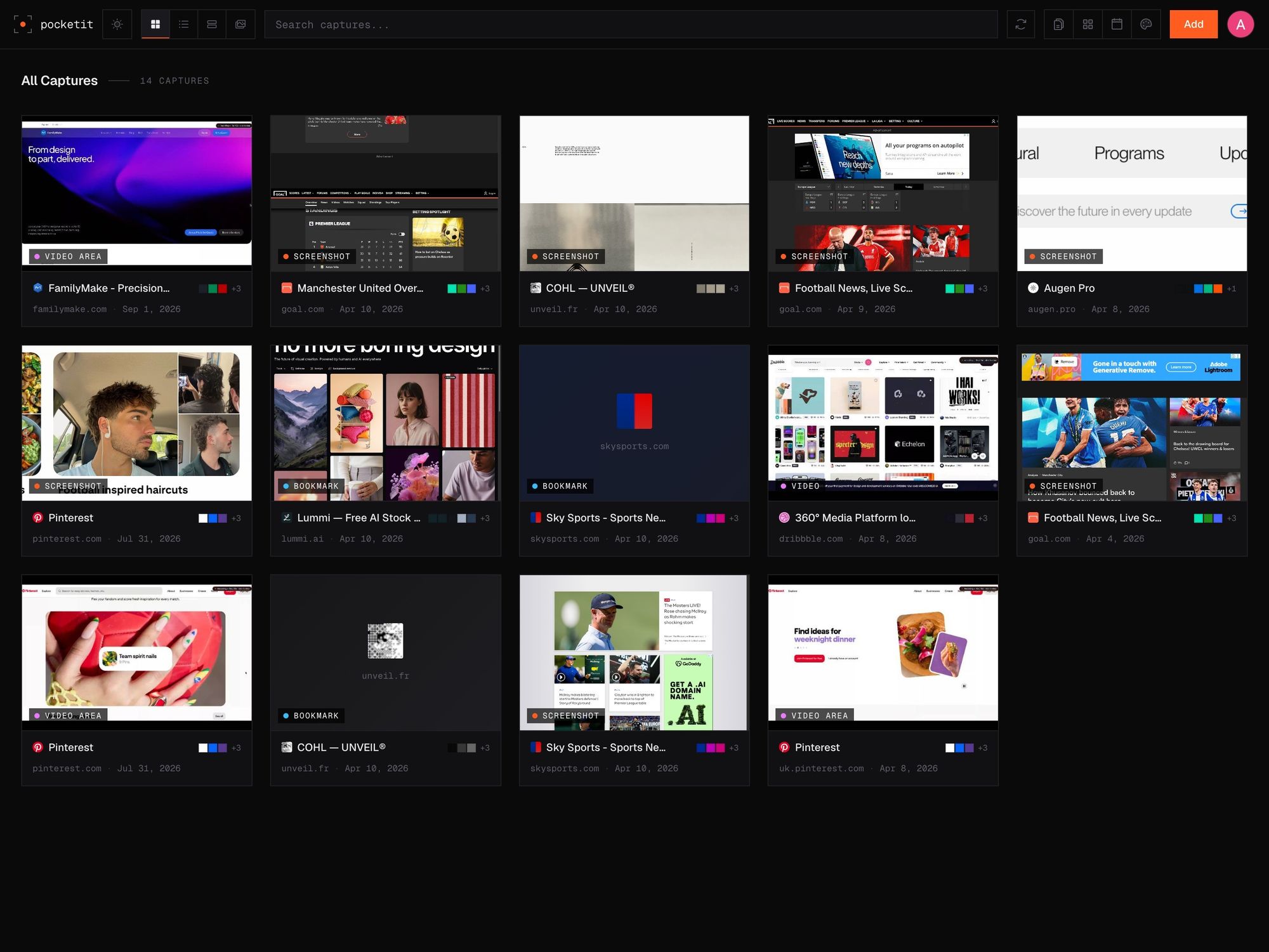 Pocketit dashboard: a grid of captures from the web