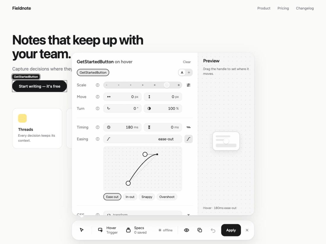 After — the same hover today: scale snapped to 1.05, the easing curve, and a live preview beside it