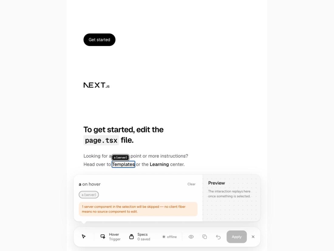 Before — a link on a fresh Next.js page, tagged “a (server)” and skipped as not editable