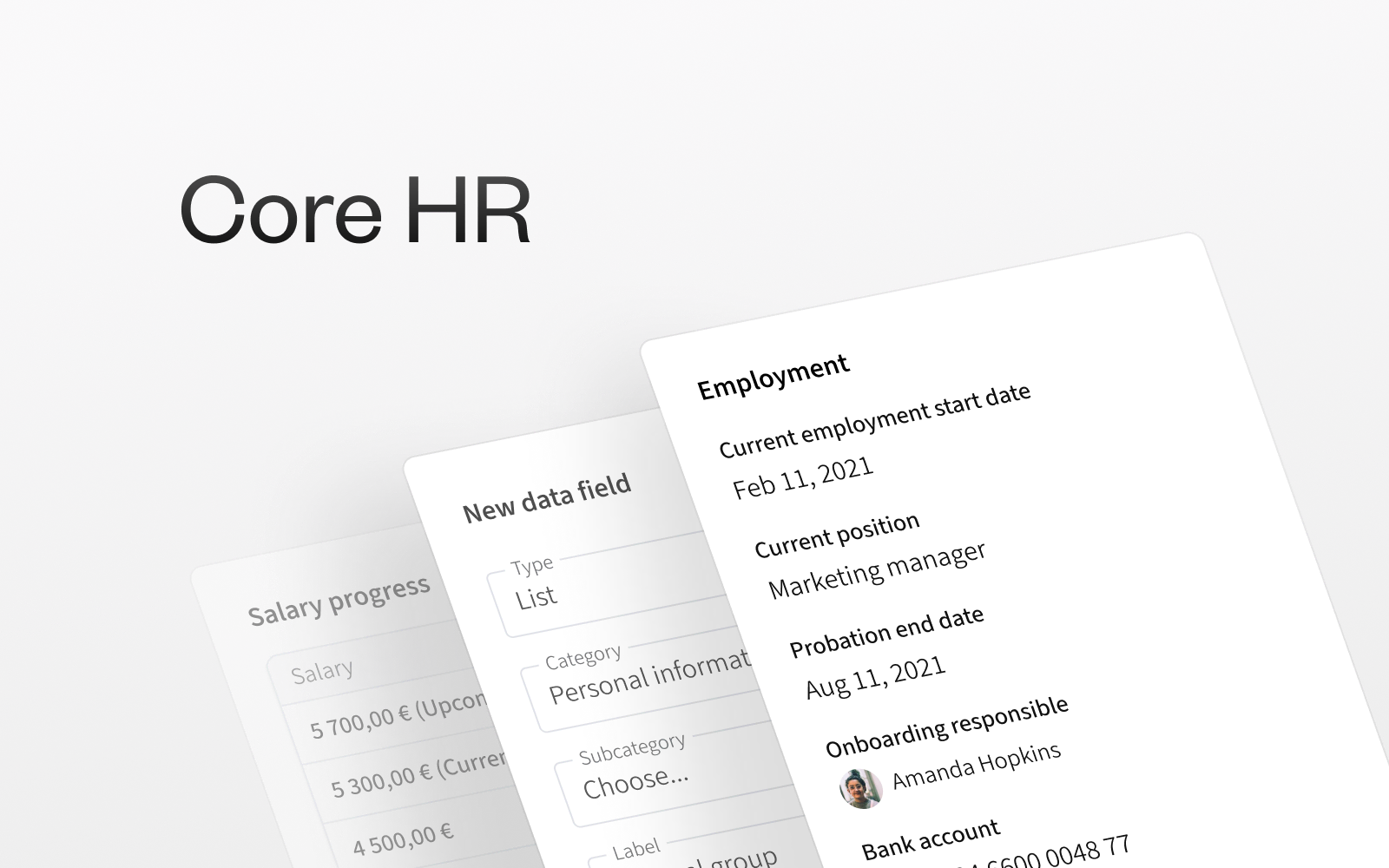 Core HR employment record cards showing start date, position, probation end and onboarding responsible