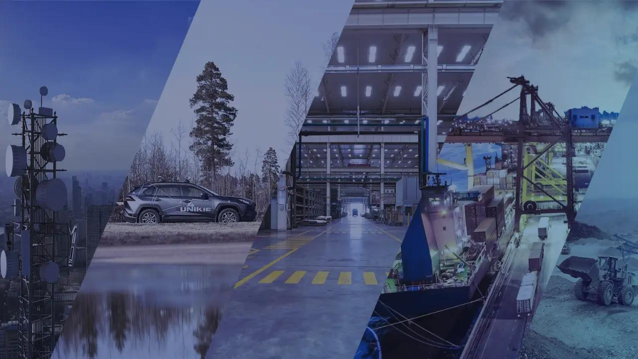 Collage of Unikie work environments: telecom mast, branded car, warehouse, cargo ship and port crane