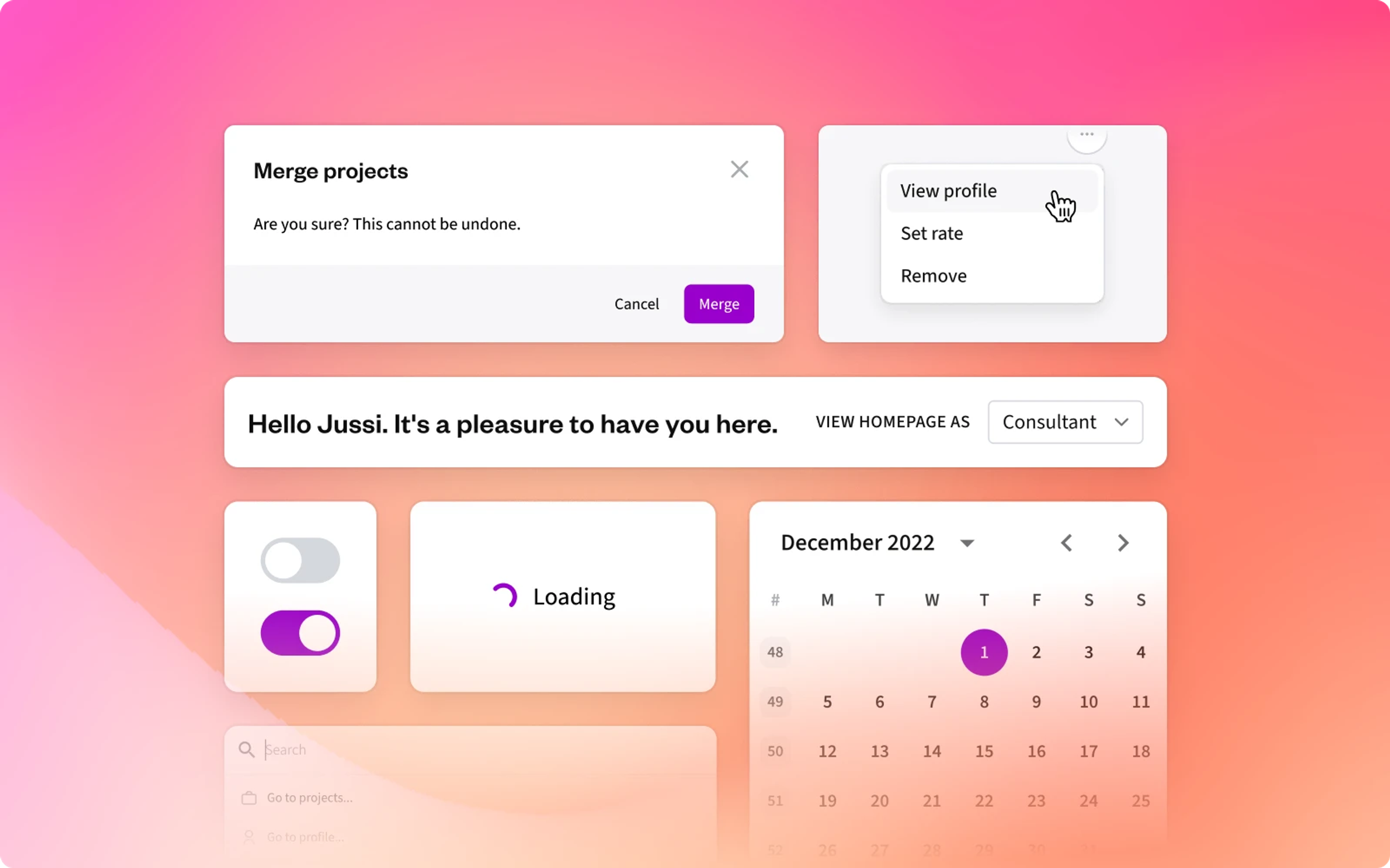 A collage shows refreshed Agileday interface elements: a confirmation dialog, an action menu, toggles, a loading state and a calendar.