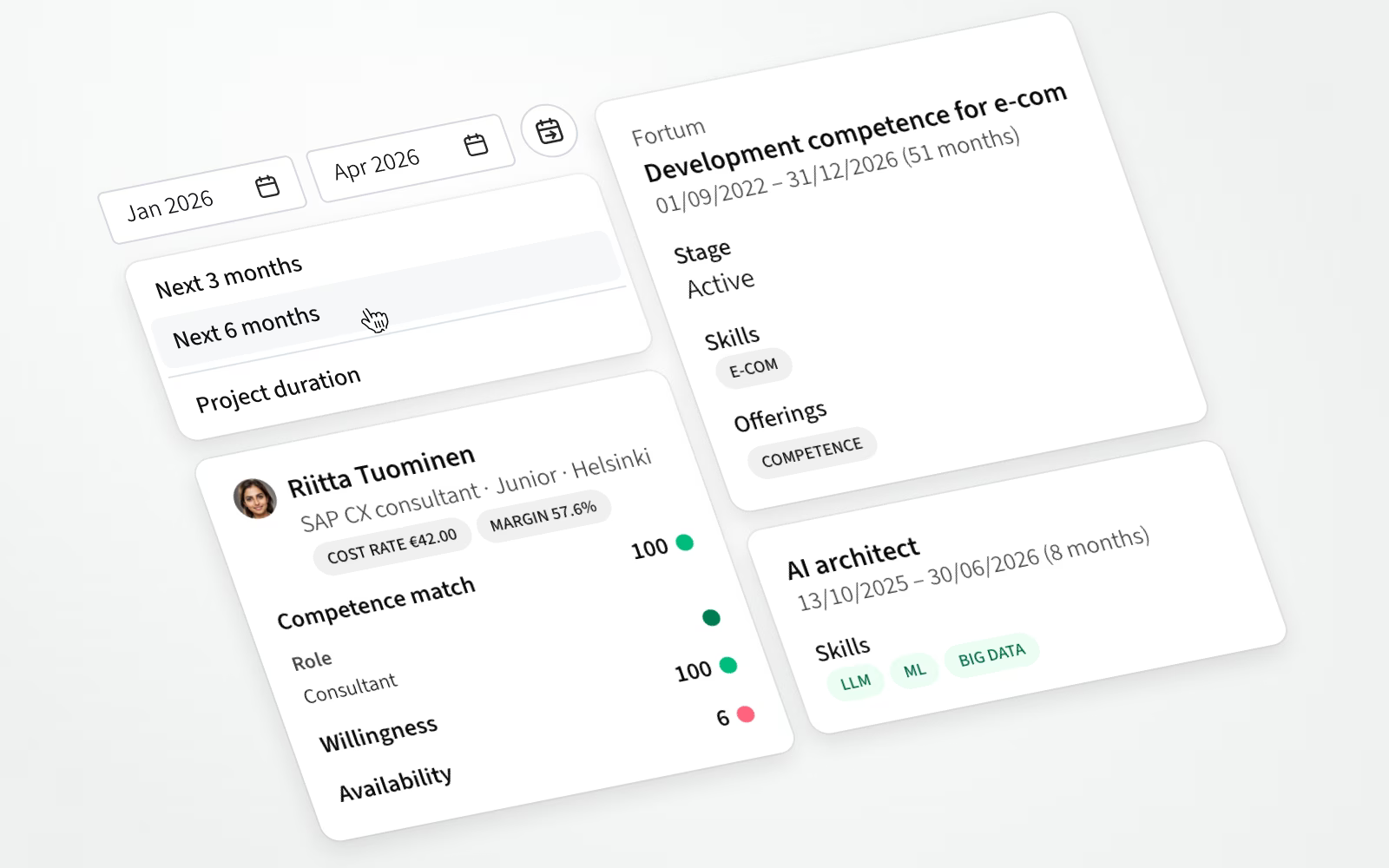 In the allocation table, you can now choose the desired date range and view more details in hover cards for projects, openings and employees.