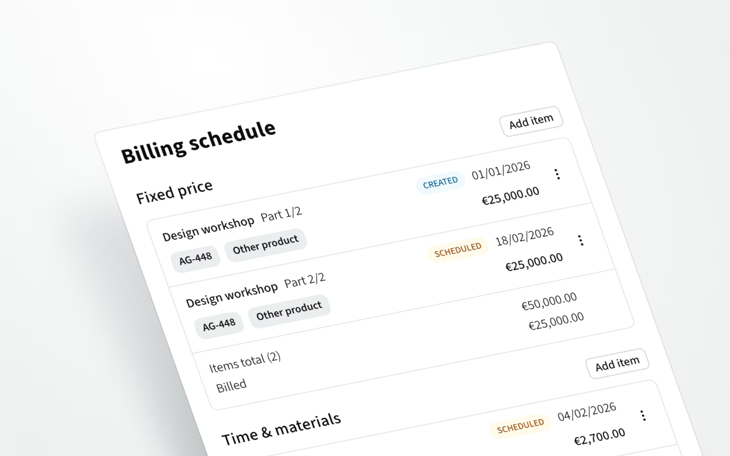 Billing schedule items for a design workshop to indicate how fixed pricing works.