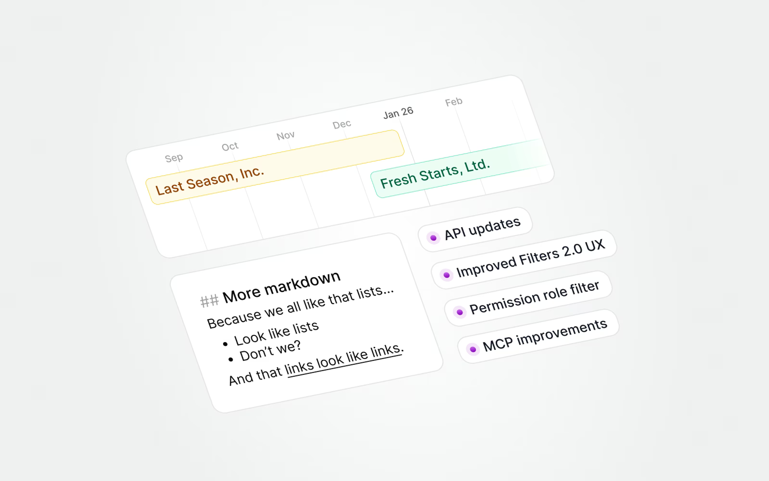 Start and end dates for companies, business units, and teams, more markdown, API updates, more and improved new filters, permission role filter, MCP improvements, and more.