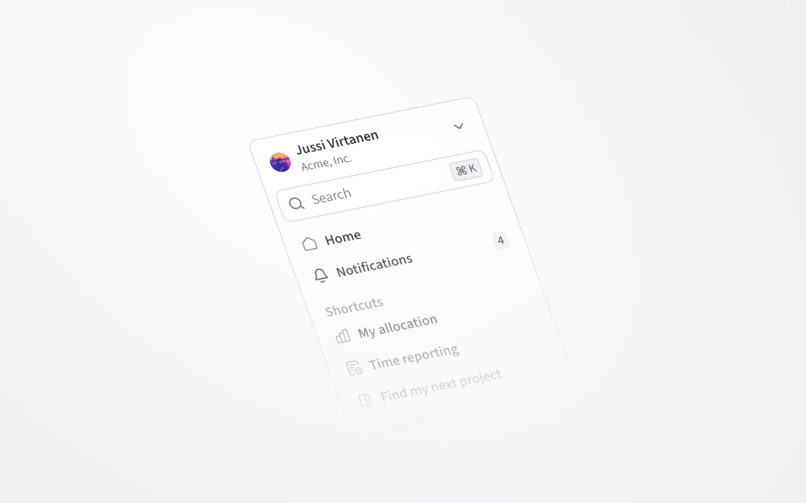 New account menu showing your Agileday environment, as well as more pronounced search bar, notifications with a count badge and shortcut to time reporting