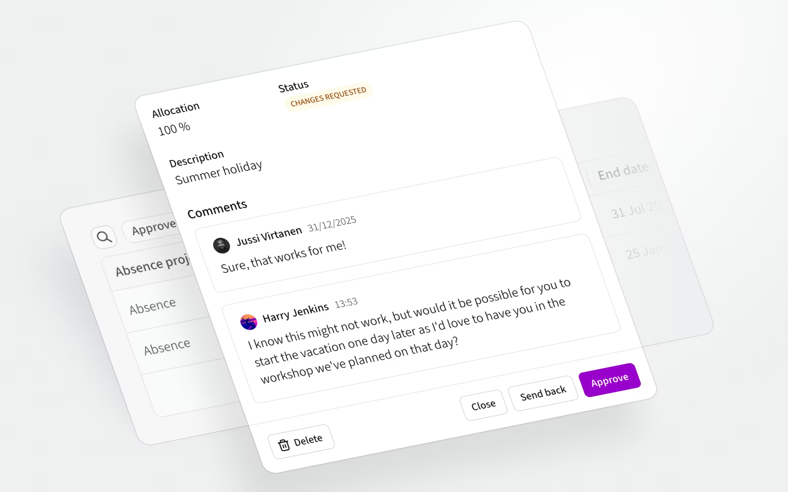 Handle absence request process by sending a request back if it needs adjustment.