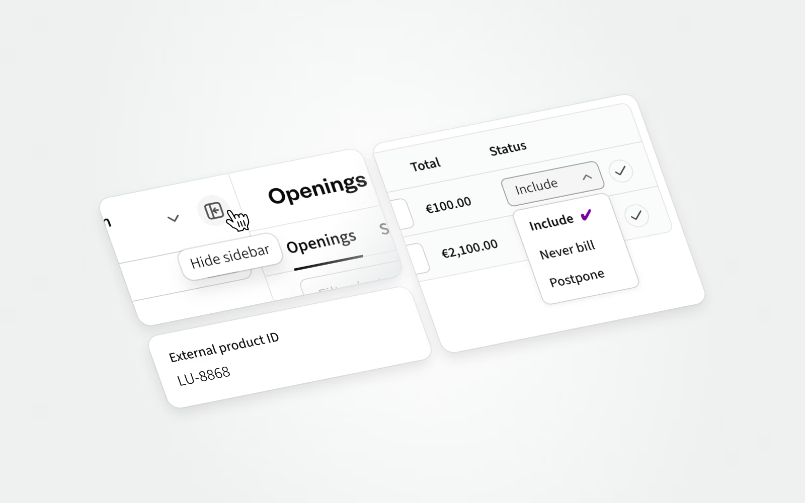 Collapsible sidebar, controls for managing hour invoicing, externalProductID field for openings, and more.