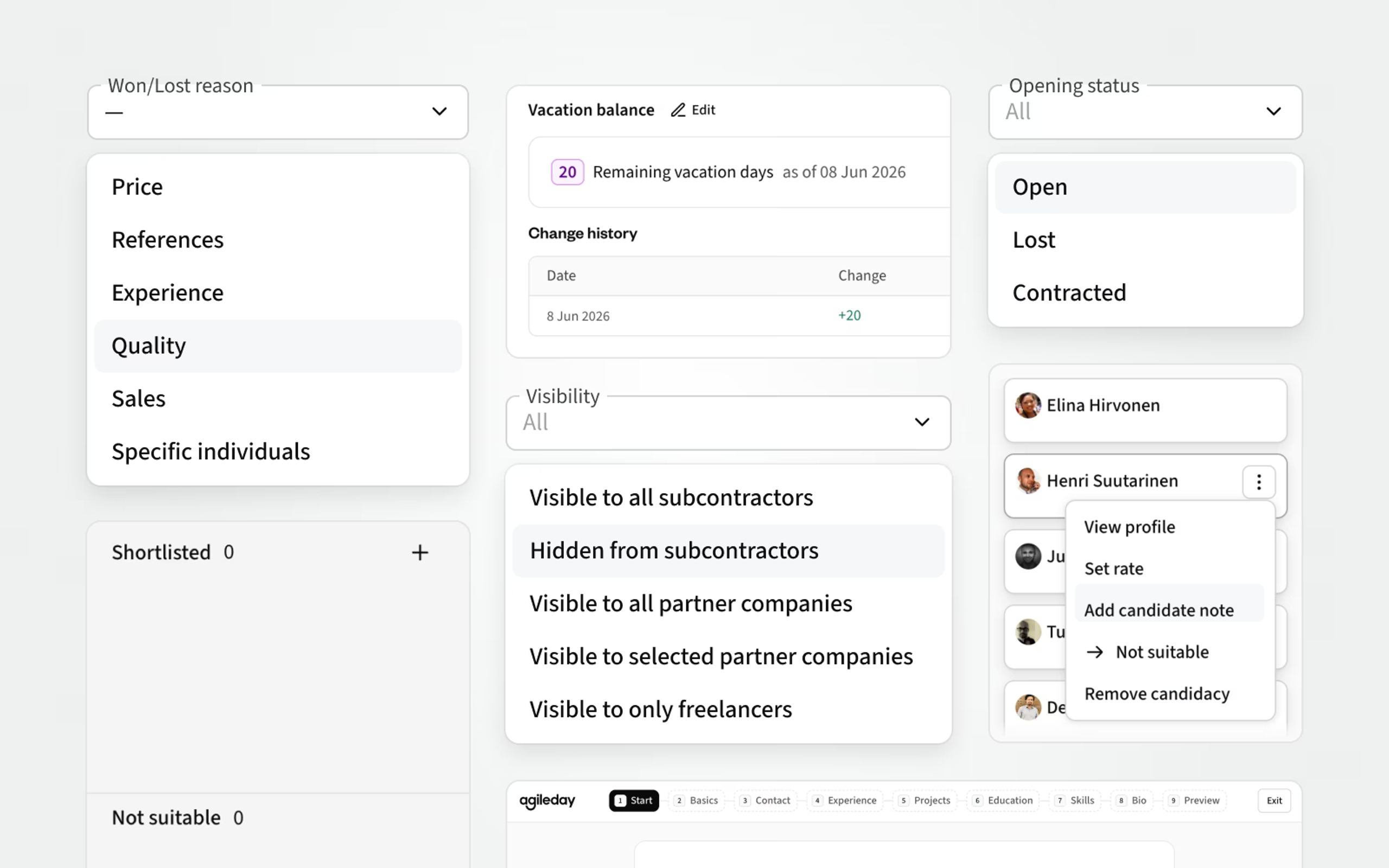 Won/Lost reason, news Shortlist section in staffing kanban, vacation balance, visibility and opening status filters, candidate notes, and profile updater.