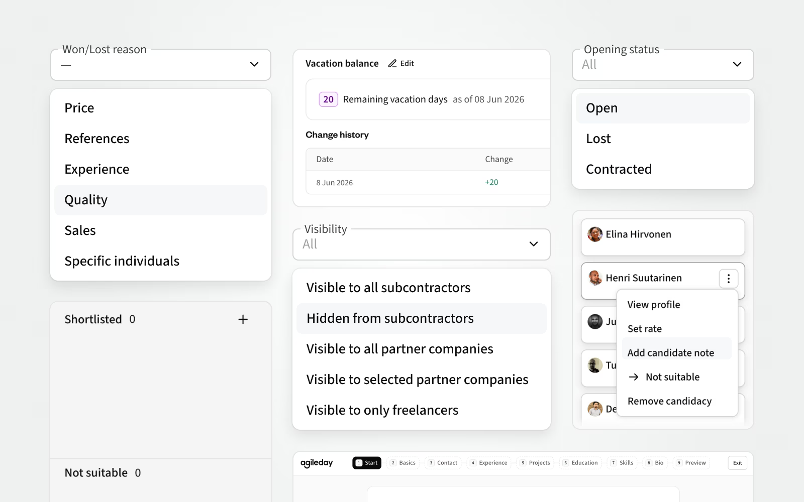 Won/Lost reason, news Shortlist section in staffing kanban, vacation balance, visibility and opening status filters, candidate notes, and profile updater.
