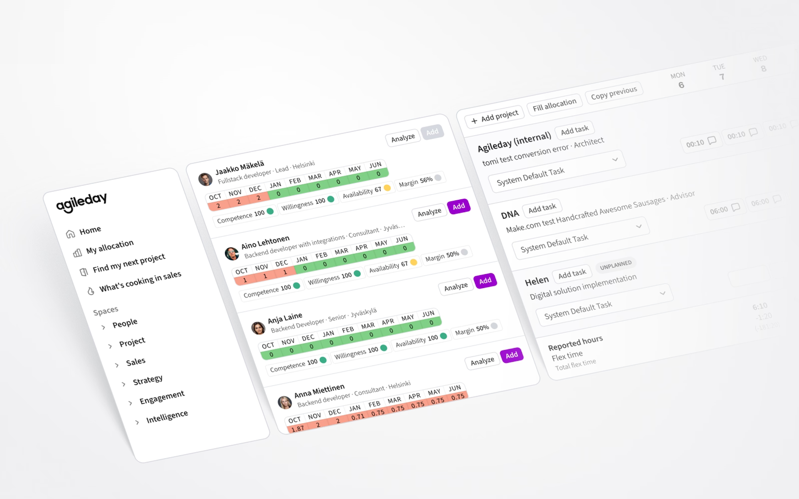 Three views that were redesigned: Sidebar, find candidates and time reporting