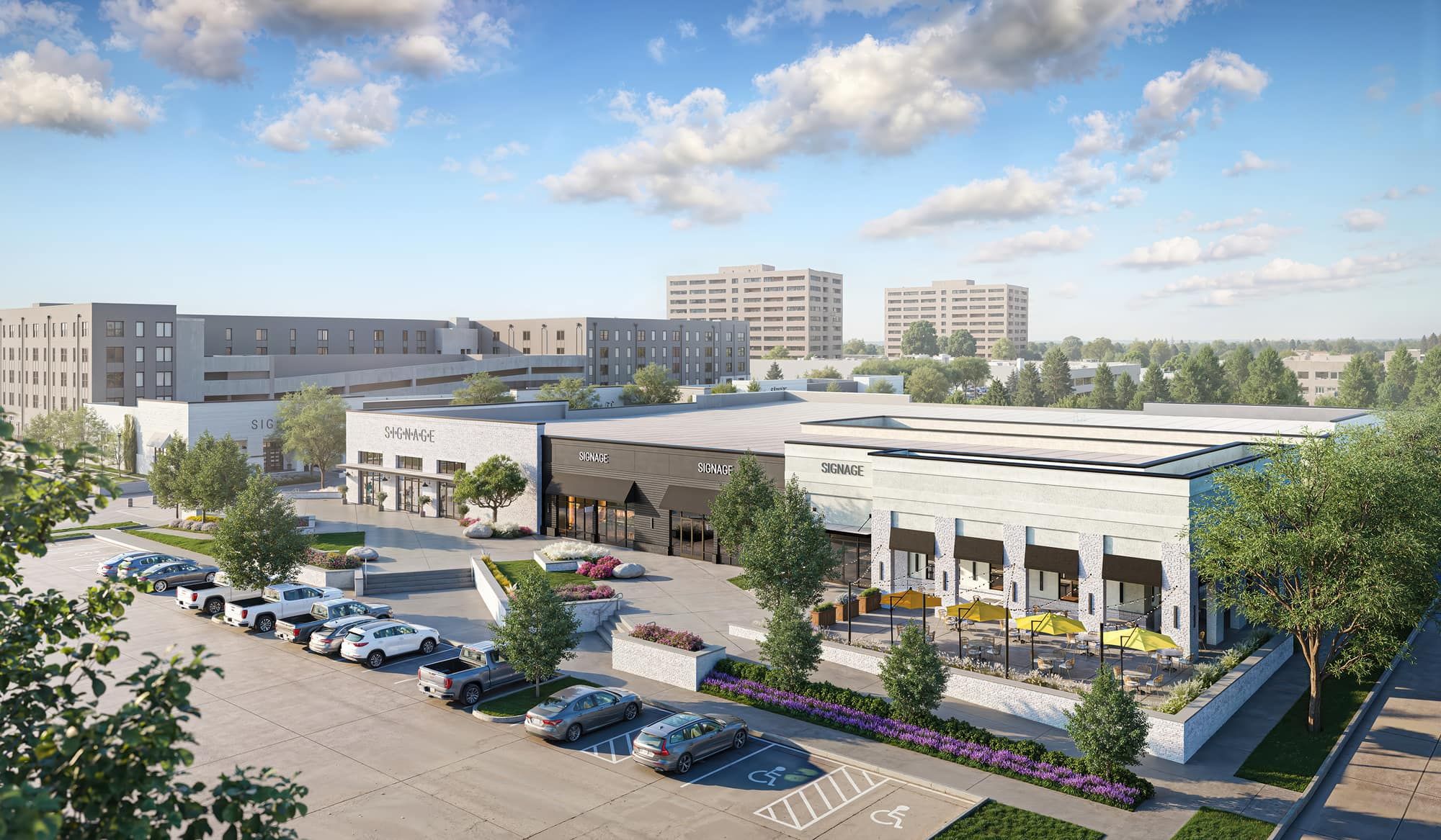 Retail street, parking, and the white canopy near The Francis
