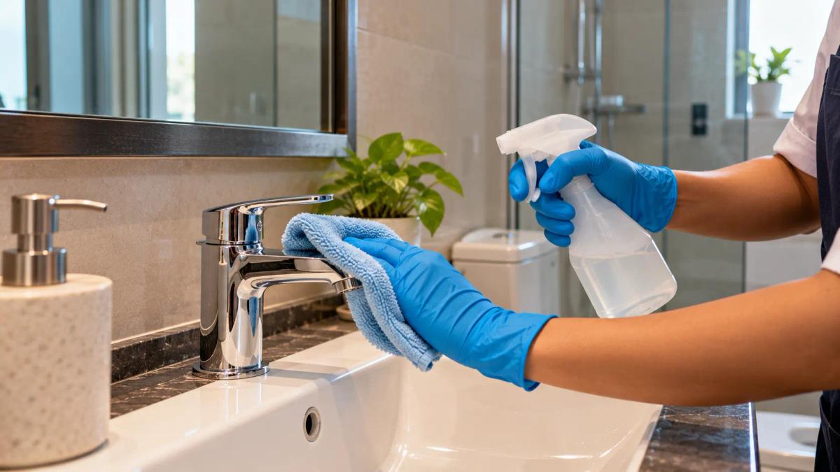 Bathroom tap being disinfected with a spray cleaner and microfiber cloth to reduce germs on high-touch surfaces.