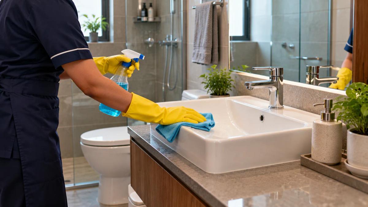 Cleaner wiping a bathroom sink during weekly bathroom cleaning