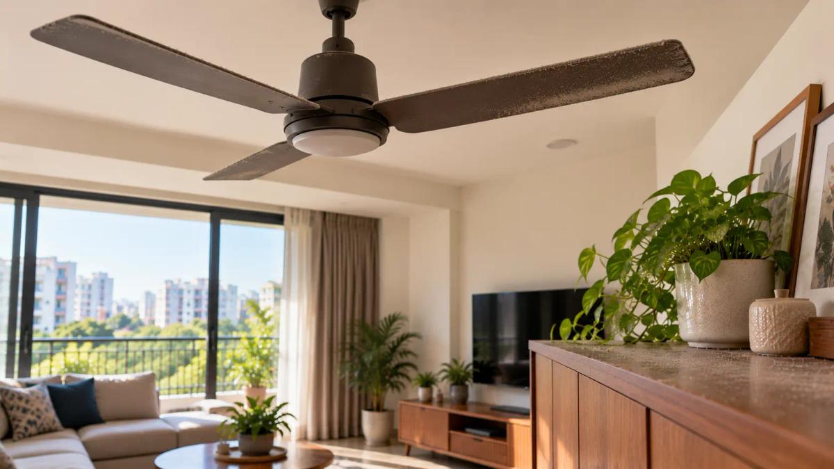 Dust-covered ceiling fan and furniture in a living room, illustrating why does a house get dusty so fast.