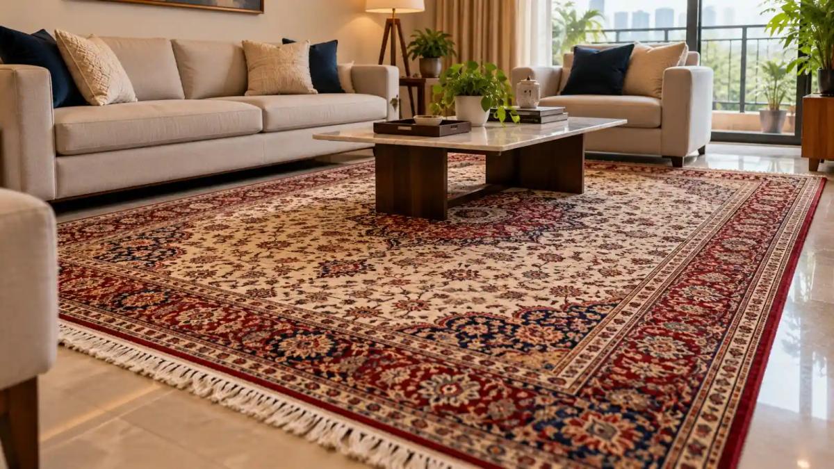 Traditional patterned carpet in a modern living room