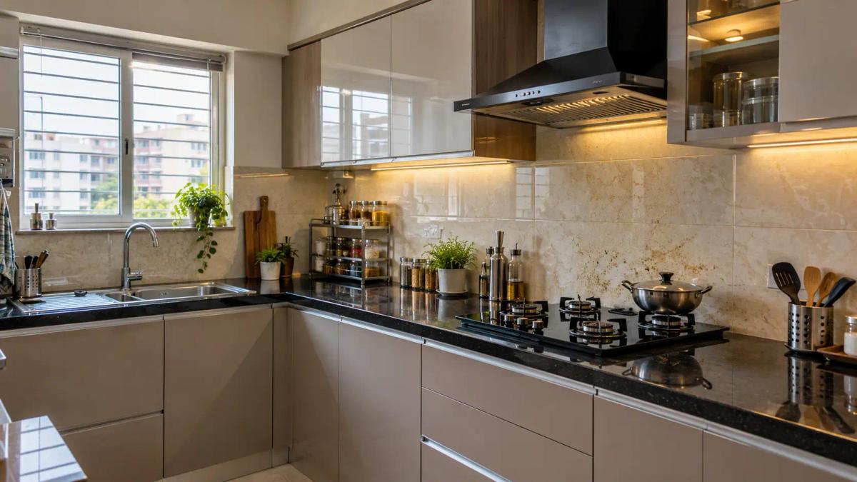 Modern Bengaluru apartment kitchen with countertops, cabinets, chimney and backsplash.