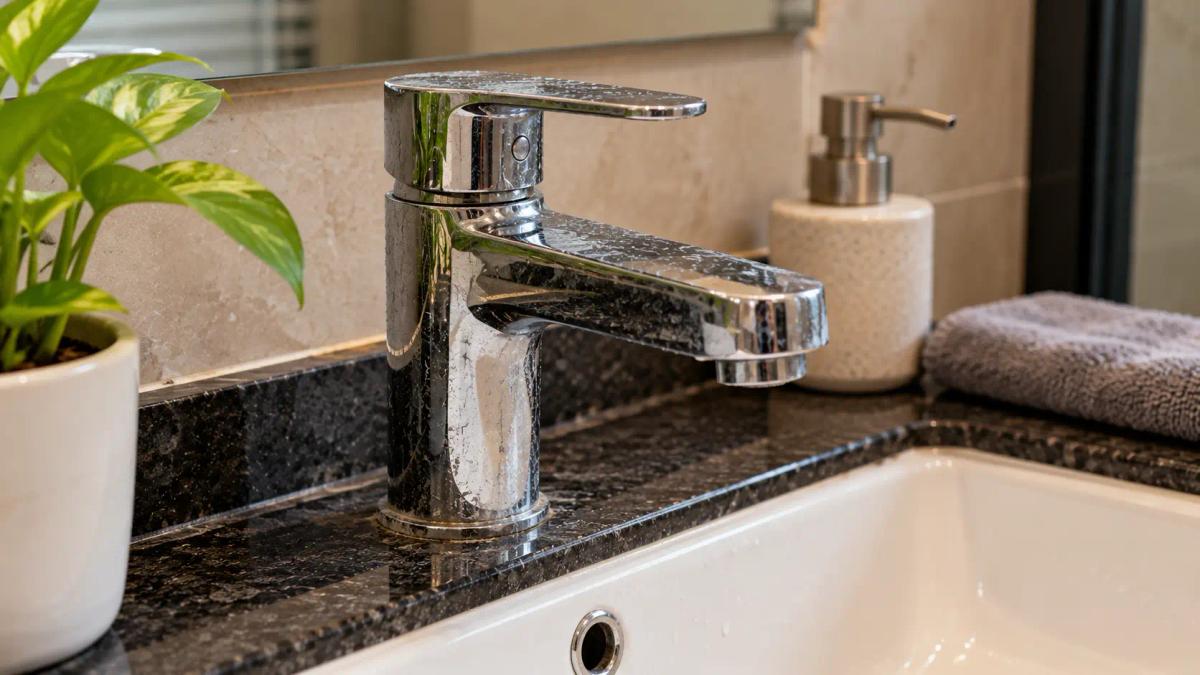 Water spots and dull patches on a chrome bathroom tap from cleaning product damage.