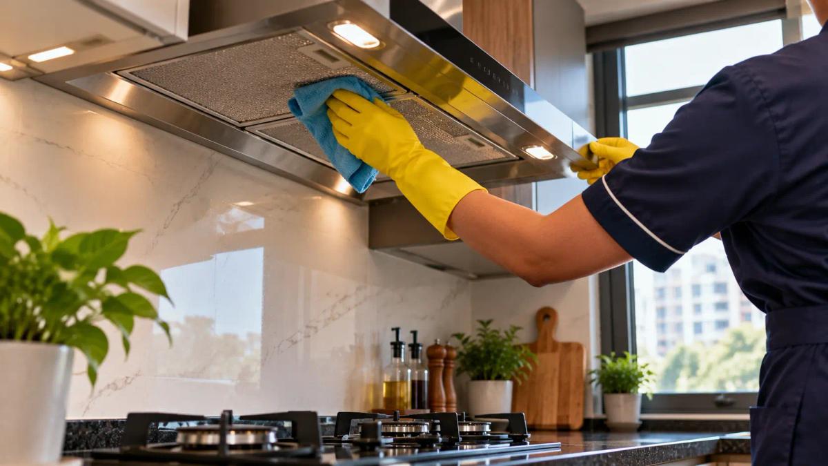 Cleaner wiping a stainless steel kitchen chimney filter during monthly deep cleaning