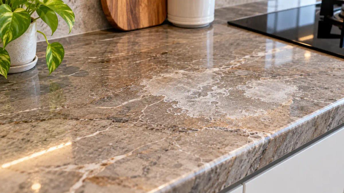 Dull marble countertop with etching and surface damage caused by harsh cleaning products.