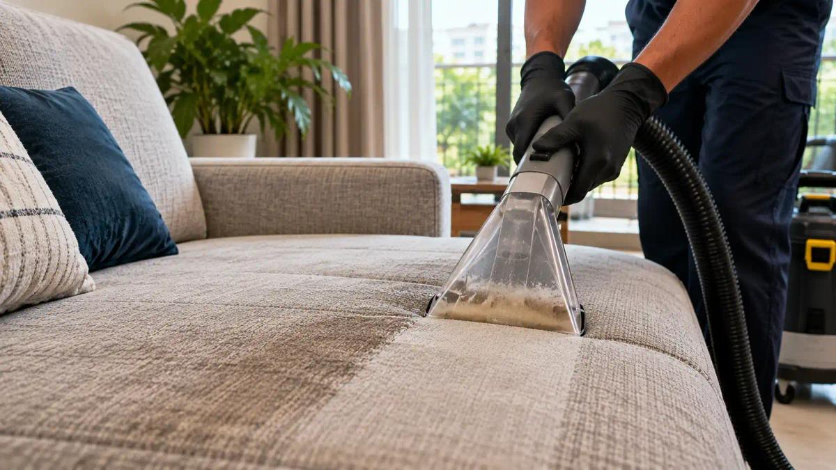 Moisture extraction during professional sofa deep cleaning.