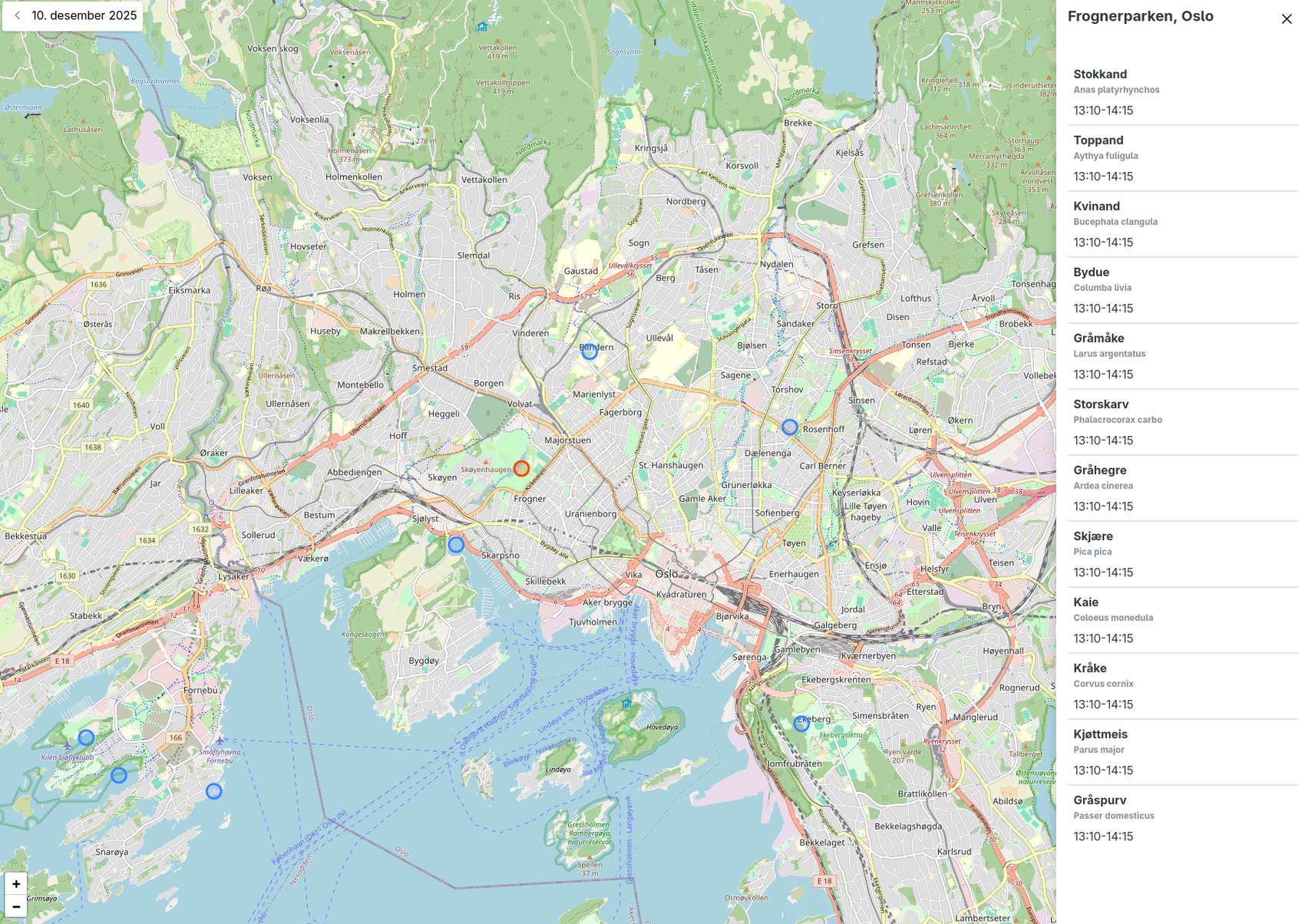 Skjermbilde fra fuglefunn.no som viser fugleobservasjoner på et kart zoomet inn på Oslo