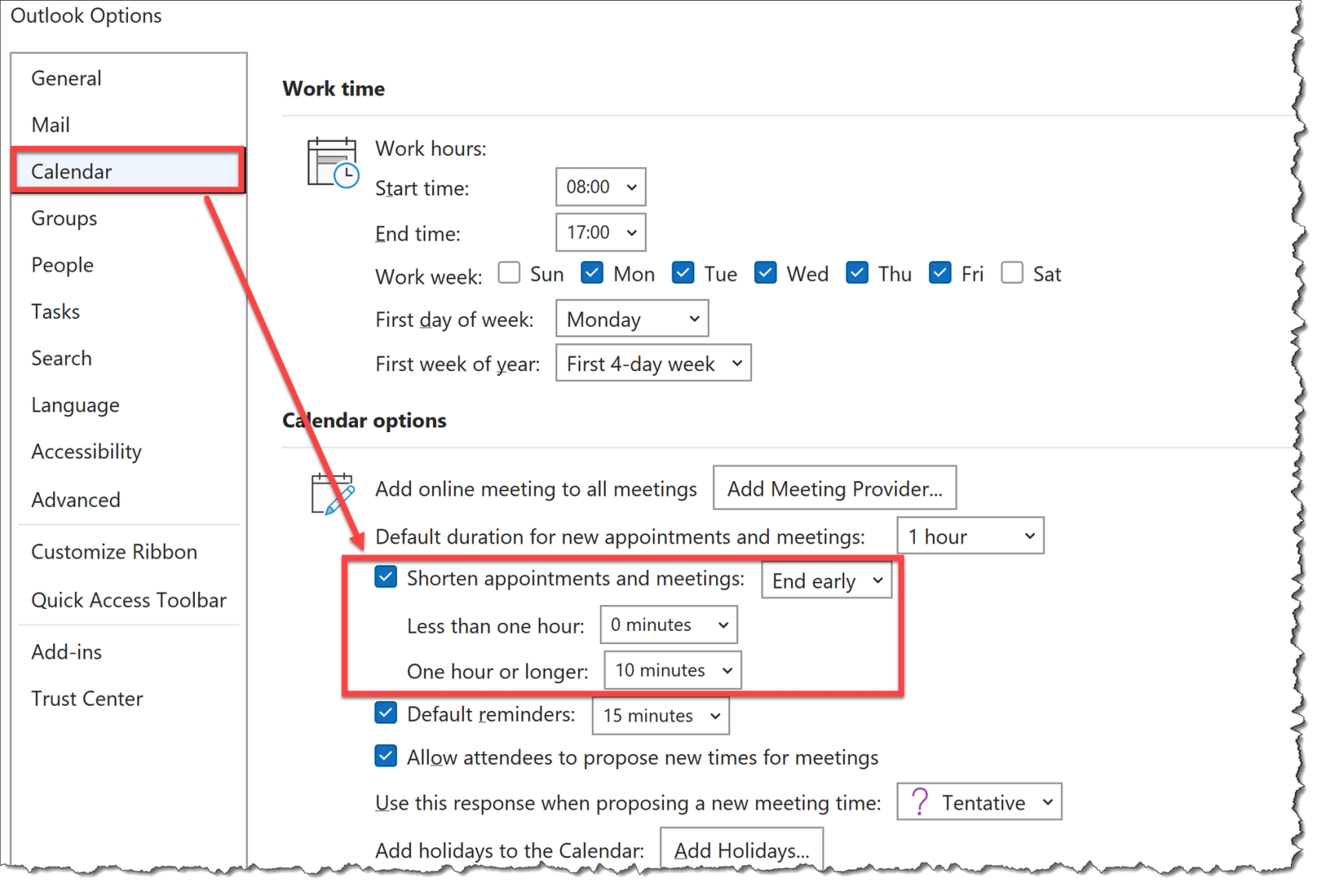 In Outlook options under the calendar topic and then the calendar options, you can see different settings for how to shorten appointments.