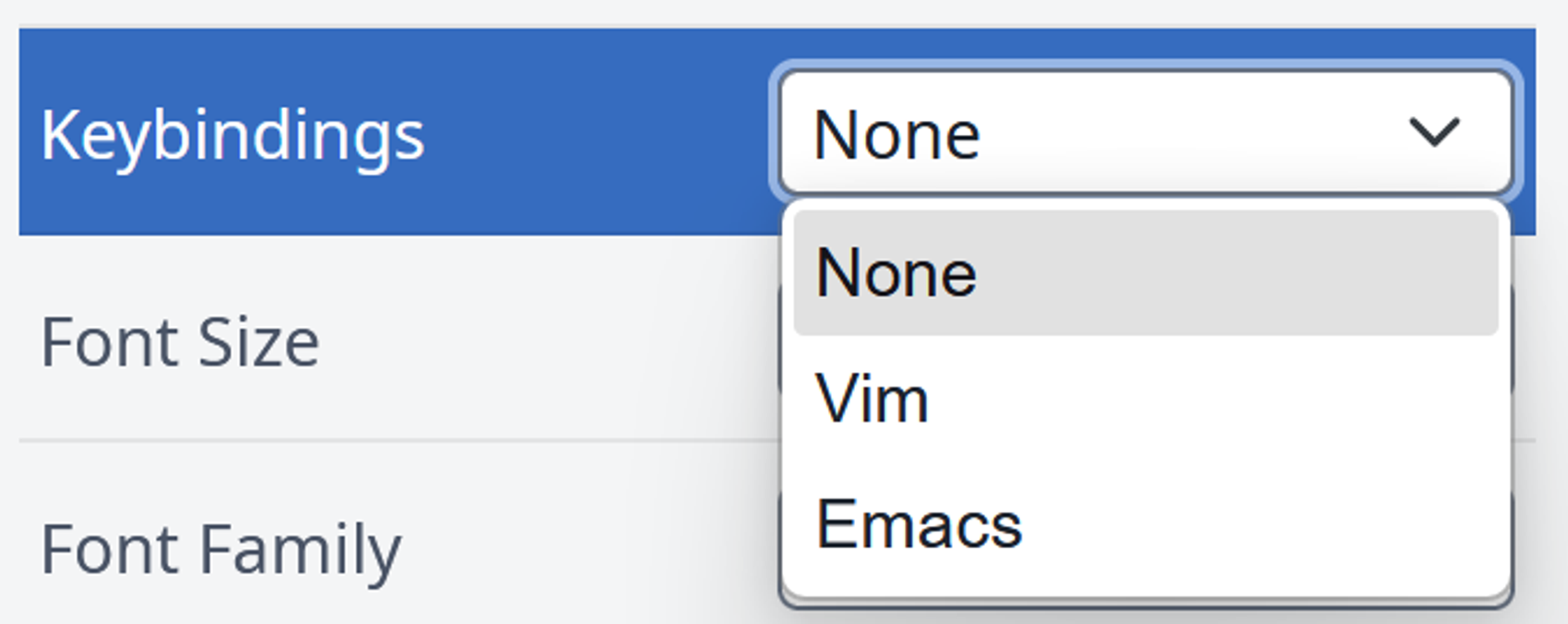 Opsjon for valg av keybindings i Overleaf, hvor valgene er None, Vim og Emacs