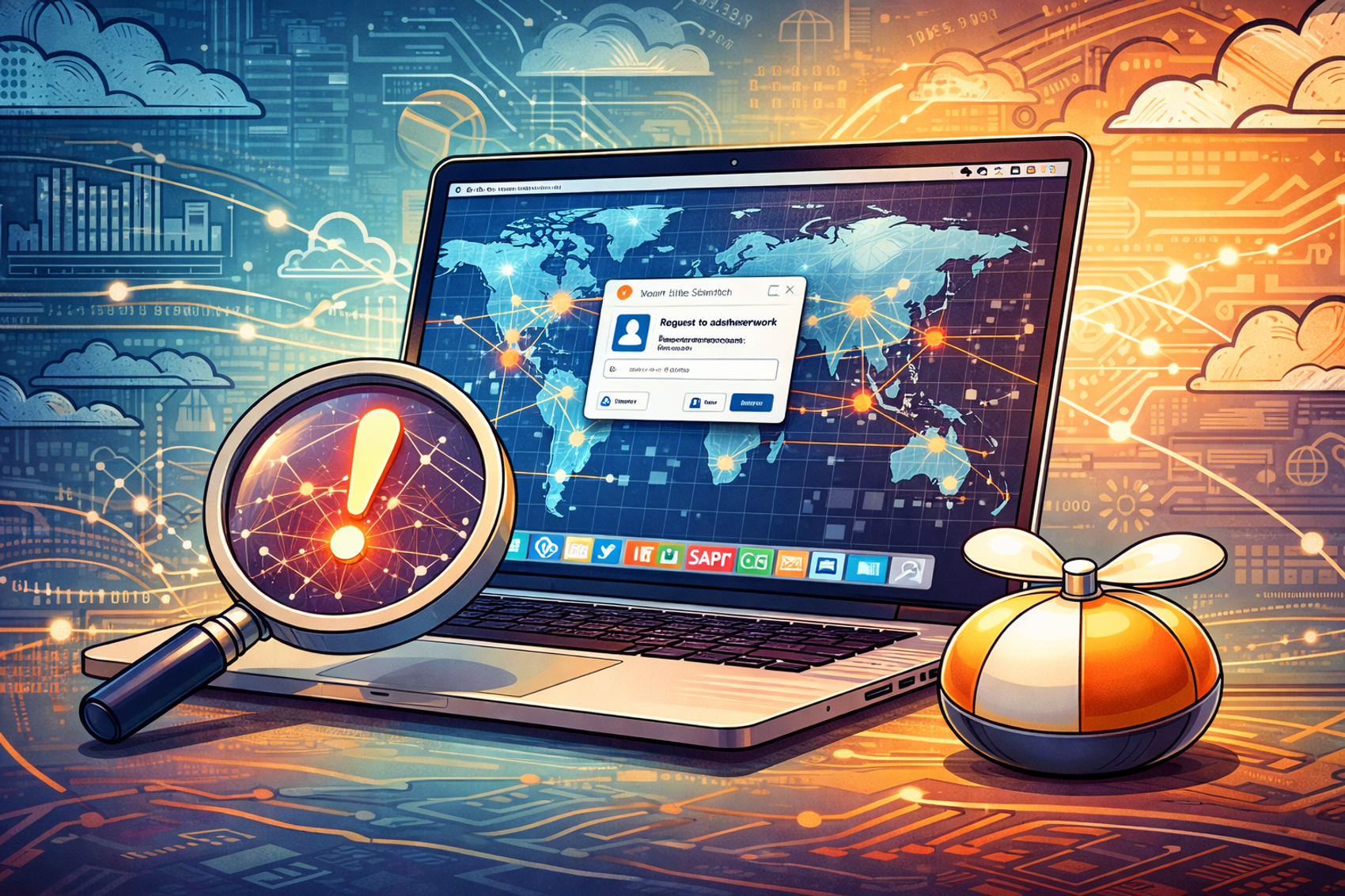 Illustrasjon av en datamaskin som overvåker nettverkstilkoblinger over hele verden.