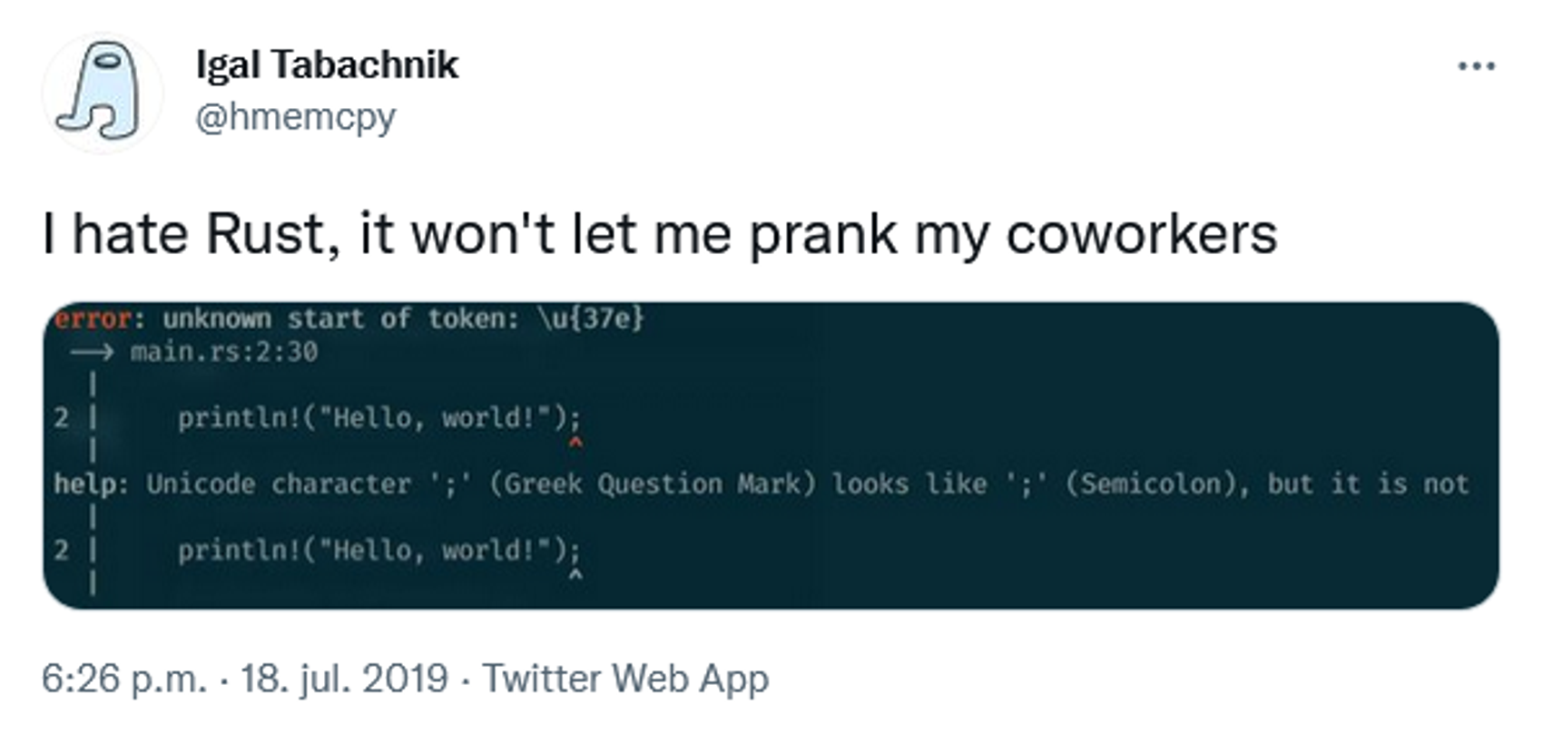 Twitter-post regarding Rust and greek semicolon-handling​​​​‌﻿‍﻿​‍​‍‌‍﻿﻿‌﻿​‍‌‍‍‌‌‍‌﻿‌‍‍‌‌‍﻿‍​‍​‍​﻿‍‍​‍​‍‌﻿​﻿‌‍​‌‌‍﻿‍‌‍‍‌‌﻿‌​‌﻿‍‌​‍﻿‍‌‍‍‌‌‍﻿﻿​‍​‍​‍﻿​​‍​‍‌‍‍​‌﻿​‍‌‍‌‌‌‍‌‍​‍​‍​﻿‍‍​‍​‍‌‍‍​‌﻿‌​‌﻿‌​‌﻿​​‌﻿​﻿​﻿‍‍​‍﻿﻿​‍﻿﻿‌‍​‍‌‍‌‌‌‍‍﻿‌‍‍﻿​‍﻿‌‌‍​‍‌‍﻿​‌‍﻿﻿‌‍‌﻿‌‍‌﻿​‍﻿‌‌﻿​﻿‌‍​‌‌‍﻿‍‌‍‍‌‌﻿‌​‌﻿‍‌​‍﻿‍‌﻿‌‍‌‍‌‌‌﻿​‍‌‍​﻿‌‍‌‌‌‍﻿​​‍﻿‍‌‍​‌‌﻿​​‌﻿​​​‍﻿﻿‌‍‍‌‌‍﻿‍‌﻿‌​‌‍‌‌‌‍﻿‍‌﻿‌​​‍﻿﻿‌‍‌‌‌‍‌​‌‍‍‌‌﻿‌​​‍﻿﻿‌‍﻿‌‌‍﻿﻿‌‍‌​‌‍‌‌​﻿﻿‌‌﻿​​‌﻿​‍‌‍‌‌‌﻿​﻿‌‍‌‌‌‍﻿‍‌﻿‌​‌‍​‌‌﻿‌​‌‍‍‌‌‍﻿﻿‌‍﻿‍​﻿‍﻿‌‍‍‌‌‍‌​​﻿﻿‌‌‍‌‍​﻿​​‌‍‌‍​﻿‌​​﻿​‌‌‍​‍​﻿‍‌​﻿​﻿​‍﻿‌‌‍‌​​﻿​​​﻿​﻿‌‍‌‍​‍﻿‌​﻿‌​‌‍‌​‌‍‌‌‌‍‌‌​‍﻿‌‌‍​‌‌‍​‌‌‍‌‍​﻿‍‌​‍﻿‌‌‍​‌‌‍​‌​﻿‌​​﻿‍​​﻿​﻿‌‍​﻿​﻿‌‌​﻿​‍​﻿‍‌‌‍‌‍​﻿‍‌​﻿​‍​﻿‍﻿‌﻿‌​‌﻿‍‌‌﻿​​‌‍‌‌​﻿﻿‌‌﻿​​‌‍﻿﻿‌﻿​﻿‌﻿‌​​﻿‍﻿‌﻿​​‌‍​‌‌﻿‌​‌‍‍​​﻿﻿‌‌‍​﻿‌‍﻿﻿‌‍﻿‍‌﻿‌​‌‍‌‌‌‍﻿‍‌﻿‌​​‍‌‌​﻿‌‌‌​​‍‌‌﻿﻿‌‍‍﻿‌‍‌‌‌﻿‍‌​‍‌‌​﻿​﻿‌​‌​​‍‌‌​﻿​﻿‌​‌​​‍‌‌​﻿​‍​﻿​‍​﻿‌​​﻿‌‍​﻿‌‍​﻿‌​​﻿‌﻿‌‍‌​​﻿​‌​﻿​‍​﻿‍​​﻿​‌​﻿​‌​﻿‌‌​‍‌‌​﻿​‍​﻿​‍​‍‌‌​﻿‌‌‌​‌​​‍﻿‍‌‍​‌‌‍﻿​‌﻿‌​​﻿﻿﻿‌‍​‍‌‍​‌‌﻿​﻿‌‍‌‌‌‌‌‌‌﻿​‍‌‍﻿​​﻿﻿‌‌‍‍​‌﻿‌​‌﻿‌​‌﻿​​‌﻿​﻿​‍‌‌​﻿​﻿‌​​‌​‍‌‌​﻿​‍‌​‌‍​‍‌‌​﻿​‍‌​‌‍‌‍​‍‌‍‌‌‌‍‍﻿‌‍‍﻿​‍﻿‌‌‍​‍‌‍﻿​‌‍﻿﻿‌‍‌﻿‌‍‌﻿​‍﻿‌‌﻿​﻿‌‍​‌‌‍﻿‍‌‍‍‌‌﻿‌​‌﻿‍‌​‍﻿‍‌﻿‌‍‌‍‌‌‌﻿​‍‌‍​﻿‌‍‌‌‌‍﻿​​‍﻿‍‌‍​‌‌﻿​​‌﻿​​​‍‌‍‌‍‍‌‌‍‌​​﻿﻿‌‌‍‌‍​﻿​​‌‍‌‍​﻿‌​​﻿​‌‌‍​‍​﻿‍‌​﻿​﻿​‍﻿‌‌‍‌​​﻿​​​﻿​﻿‌‍‌‍​‍﻿‌​﻿‌​‌‍‌​‌‍‌‌‌‍‌‌​‍﻿‌‌‍​‌‌‍​‌‌‍‌‍​﻿‍‌​‍﻿‌‌‍​‌‌‍​‌​﻿‌​​﻿‍​​﻿​﻿‌‍​﻿​﻿‌‌​﻿​‍​﻿‍‌‌‍‌‍​﻿‍‌​﻿​‍​‍‌‍‌﻿‌​‌﻿‍‌‌﻿​​‌‍‌‌​﻿﻿‌‌﻿​​‌‍﻿﻿‌﻿​﻿‌﻿‌​​‍‌‍‌﻿​​‌‍​‌‌﻿‌​‌‍‍​​﻿﻿‌‌‍​﻿‌‍﻿﻿‌‍﻿‍‌﻿‌​‌‍‌‌‌‍﻿‍‌﻿‌​​‍‌‌​﻿‌‌‌​​‍‌‌﻿﻿‌‍‍﻿‌‍‌‌‌﻿‍‌​‍‌‌​﻿​﻿‌​‌​​‍‌‌​﻿​﻿‌​‌​​‍‌‌​﻿​‍​﻿​‍​﻿‌​​﻿‌‍​﻿‌‍​﻿‌​​﻿‌﻿‌‍‌​​﻿​‌​﻿​‍​﻿‍​​﻿​‌​﻿​‌​﻿‌‌​‍‌‌​﻿​‍​﻿​‍​‍‌‌​﻿‌‌‌​‌​​‍﻿‍‌‍​‌‌‍﻿​‌﻿‌​​‍​‍‌﻿﻿‌