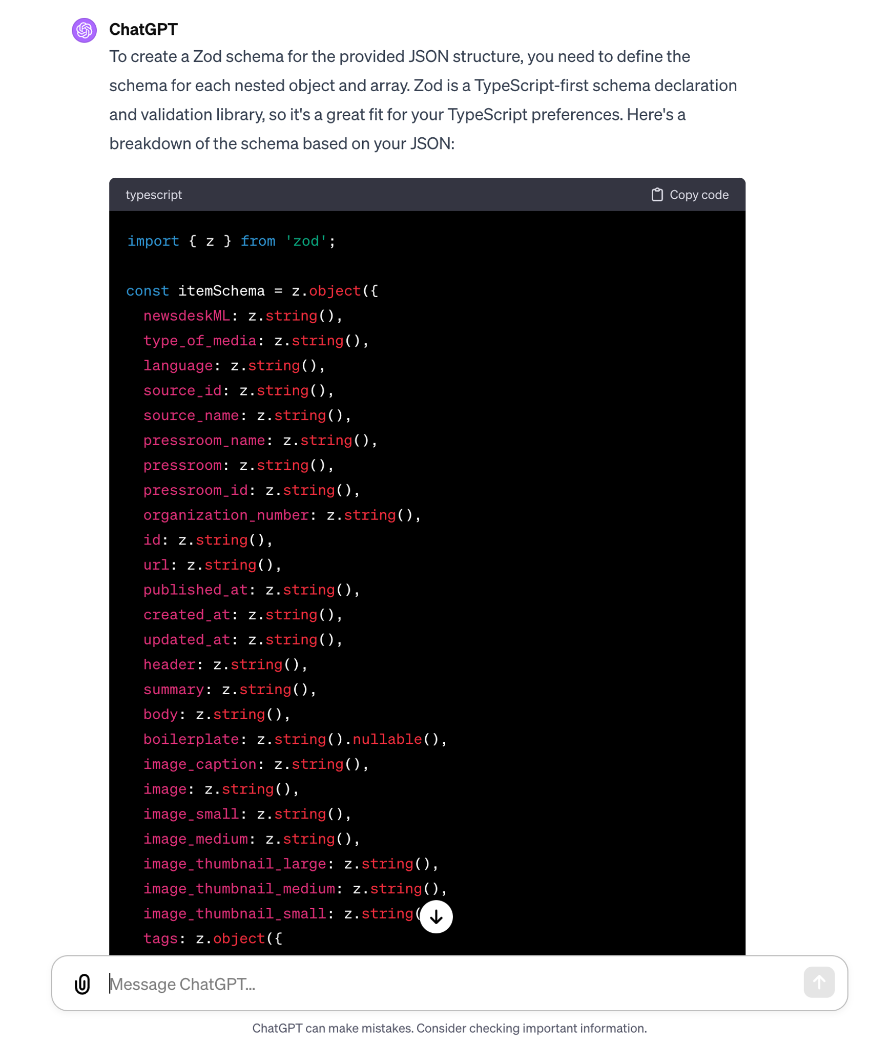 A screenshot of what ChatGPT returned – a complete zod schema