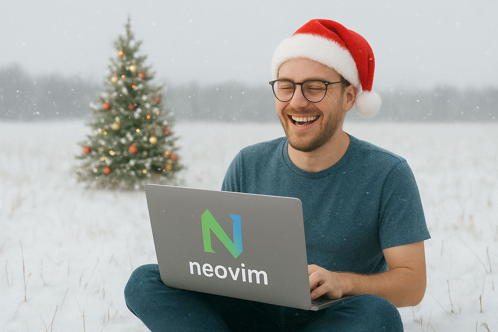 Person som sitter i snøen og smiler mens hen jobber med neovim på PCen