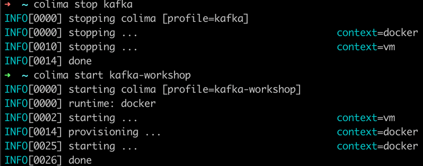 Eksempel på bytting av profil ved hjelp av colima stop profilnavn og colima start profilnavn