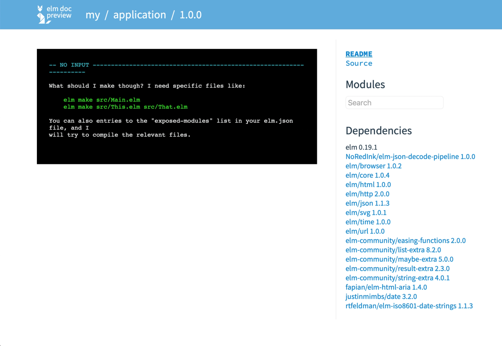 A webpage showing elm-doc-preview and a list of all the dependencies the app is using