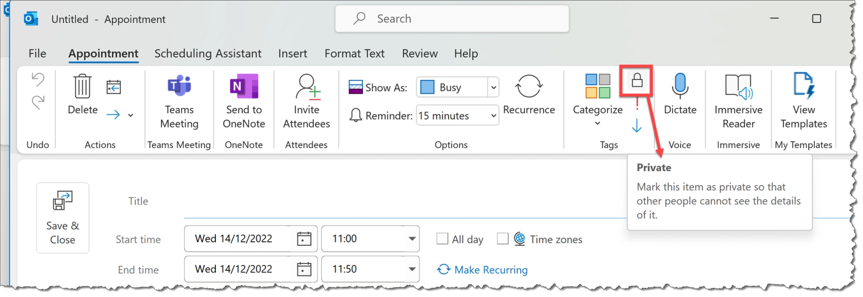 In the meeting event under the appointment tab, you can find the private button with a lock sign on it. You can click it to make the event private.