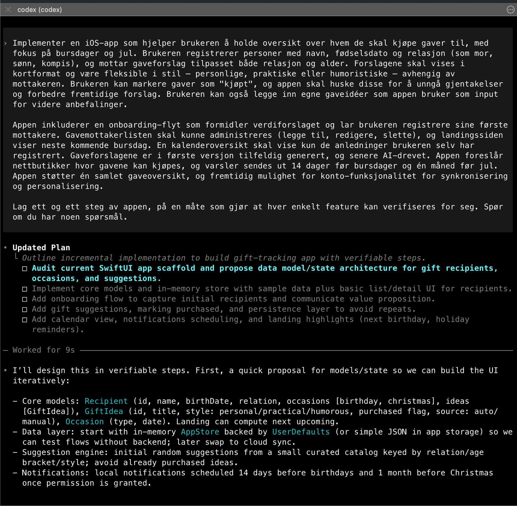 Et screenshot som viser den første prompten til Codex