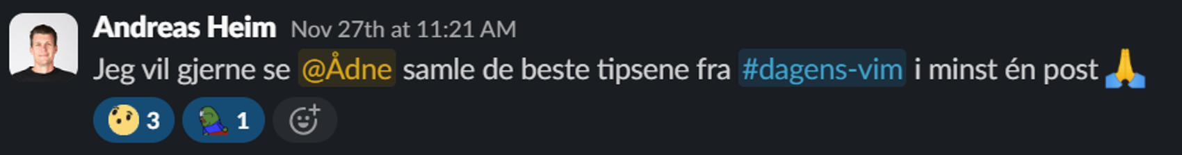 Andreas Heim sier han vil se Ådne samle de beste tipsene fra #dagens-vim i bekk.christmas