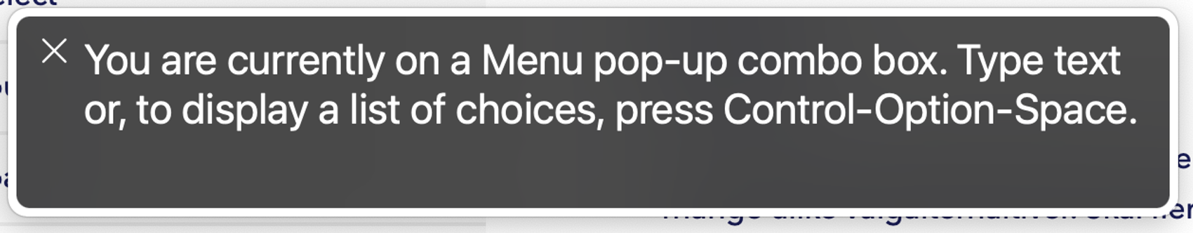 VoiceOver telling the user they can press Control-Option-Space to display a list of choices