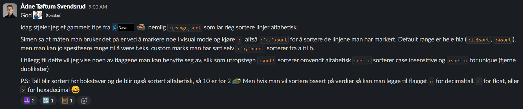 Et tips som sier at man kan kjøre :sort for å sortere de linjene man velger